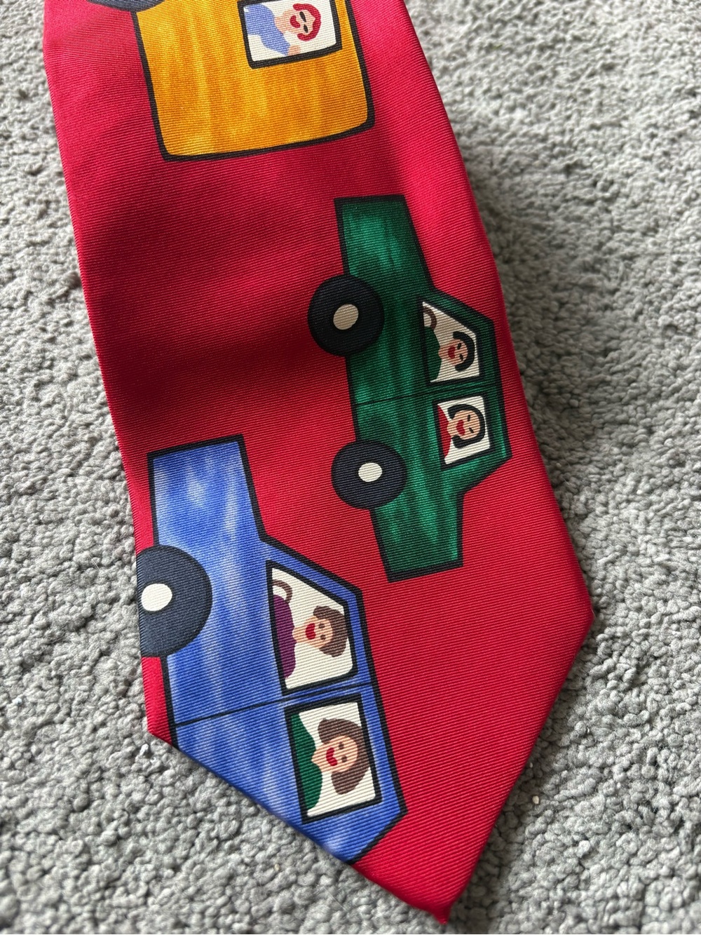Red Save the Children Novelty Tie with Colorful Car Pattern